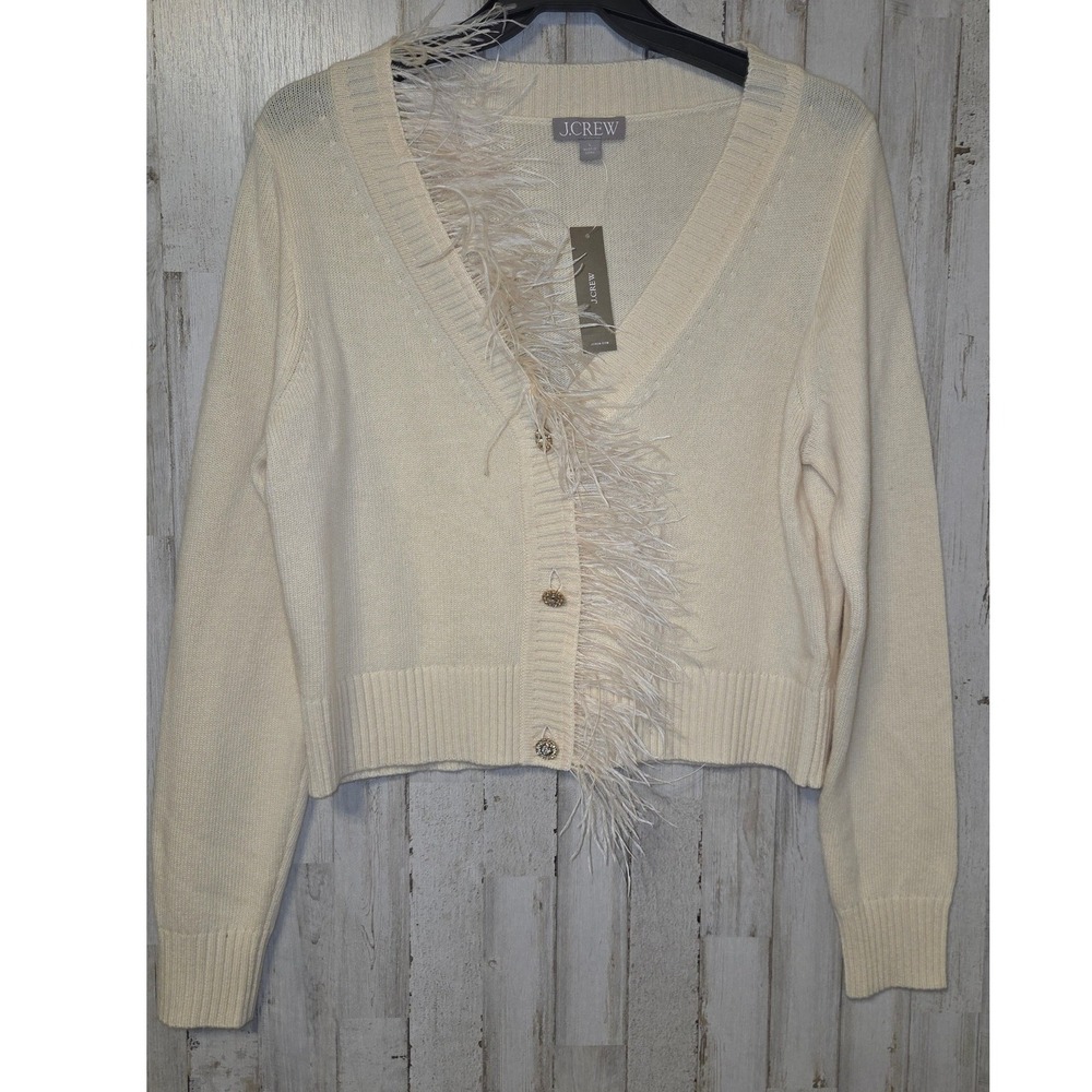 NWT J. Crew size L Wool/Cashmere Button cardigan Sweater Feather trim